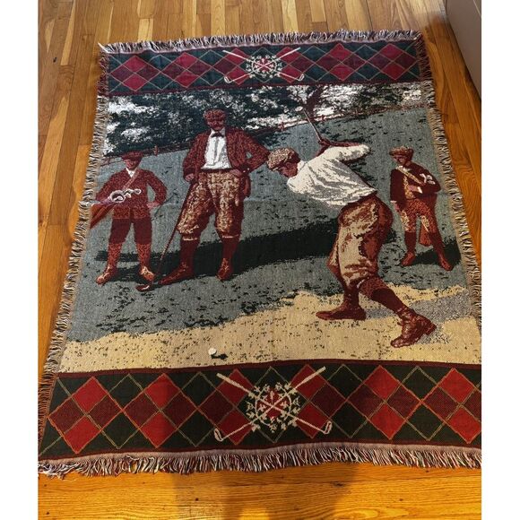 Vintage Crown Crafts Old Time Golf Lap Throw Tapestry Blanket Fringe 59x48‎